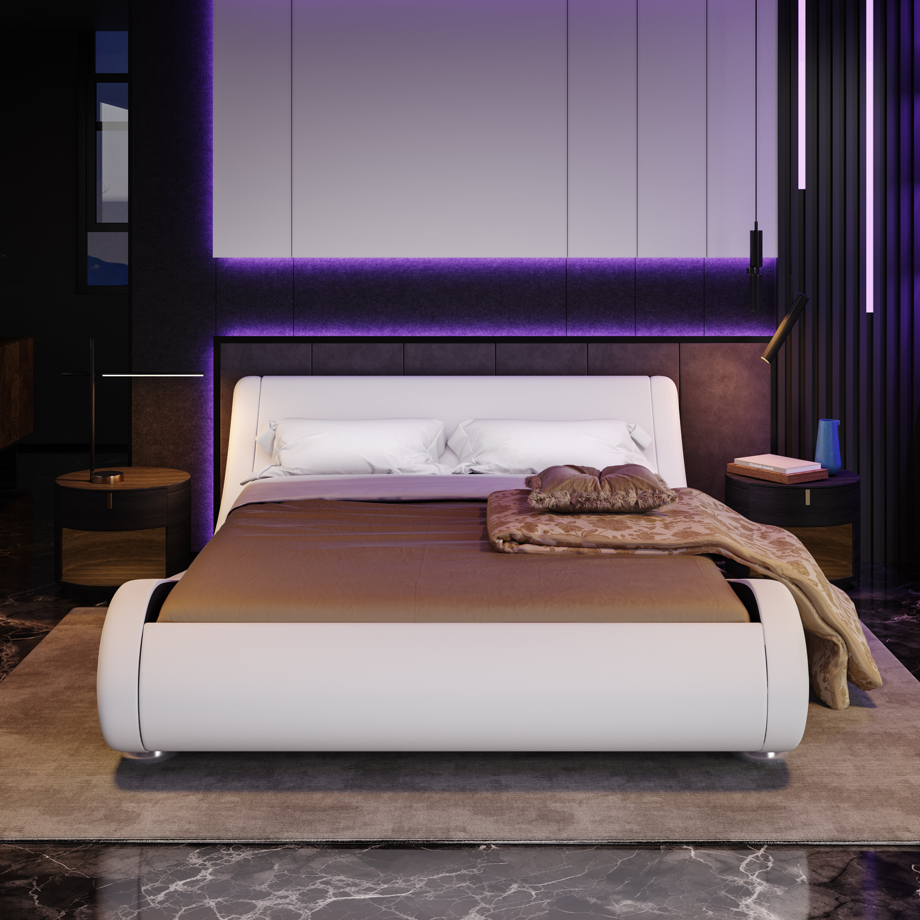 Orren Ellis Platform Bed Frame, Upholstered Faux Leather Low